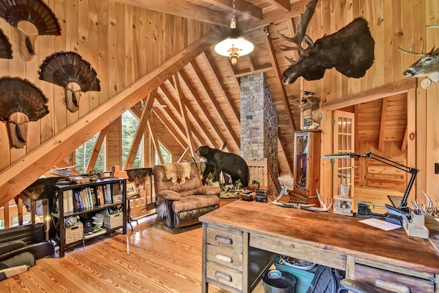 office space with wood walls, wood-type flooring, lofted ceiling with beams, and wooden ceiling