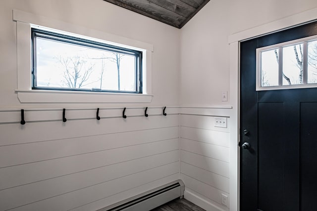 mudroom with a wealth of natural light, wood ceiling, a baseboard radiator, and lofted ceiling