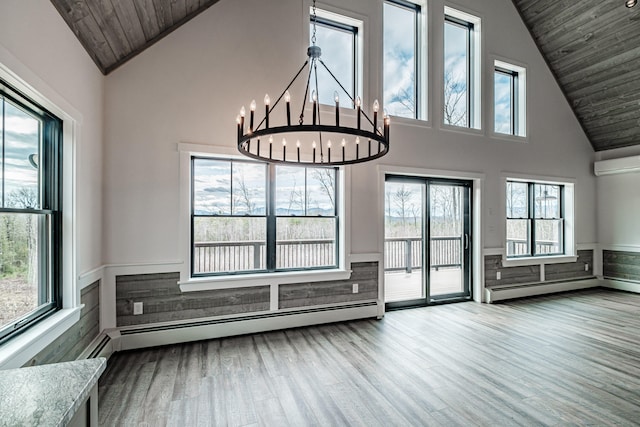 unfurnished living room featuring high vaulted ceiling, wood ceiling, an inviting chandelier, light hardwood / wood-style floors, and a wall unit AC