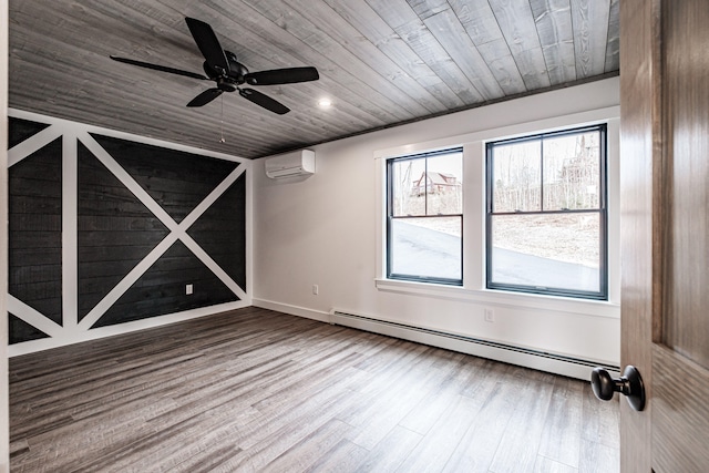 unfurnished room with hardwood / wood-style flooring, wooden ceiling, baseboard heating, ceiling fan, and a wall mounted air conditioner