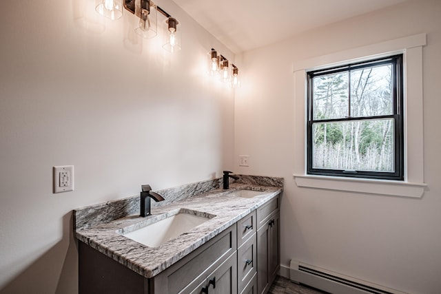 bathroom featuring a baseboard heating unit and vanity