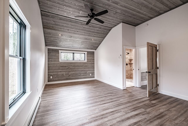 spare room featuring wooden ceiling, dark hardwood / wood-style flooring, baseboard heating, and lofted ceiling