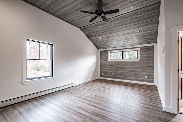 bonus room with lofted ceiling, wood ceiling, a healthy amount of sunlight, and a baseboard radiator