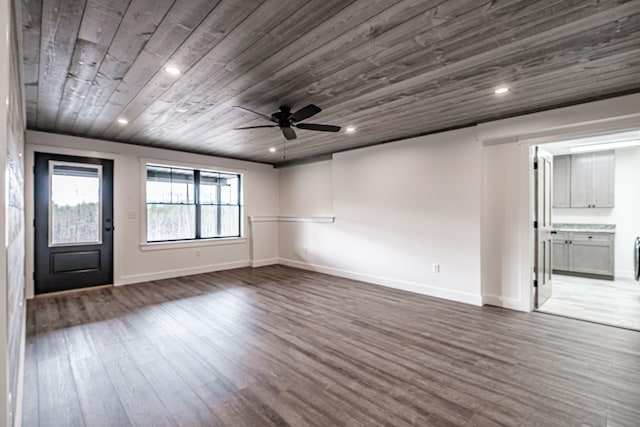 interior space featuring dark wood-type flooring, ceiling fan, and wooden ceiling