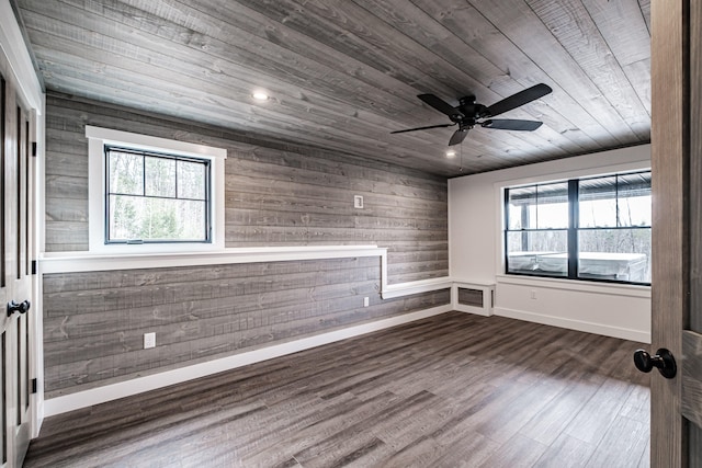 unfurnished room featuring a wealth of natural light, wooden walls, wooden ceiling, and dark hardwood / wood-style floors