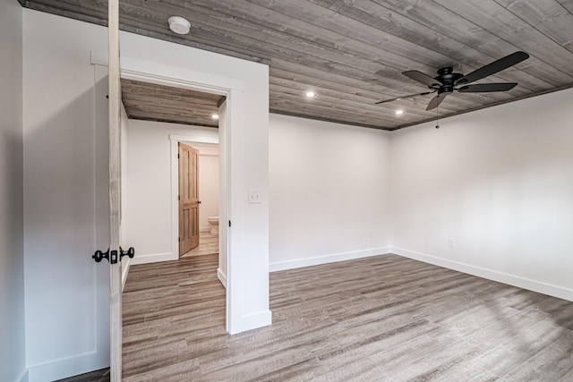 unfurnished room with wood ceiling, hardwood / wood-style flooring, and ceiling fan