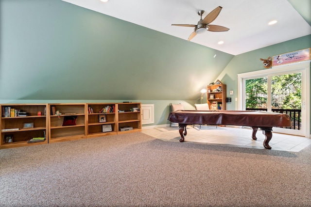 game room with ceiling fan, light colored carpet, lofted ceiling, and pool table