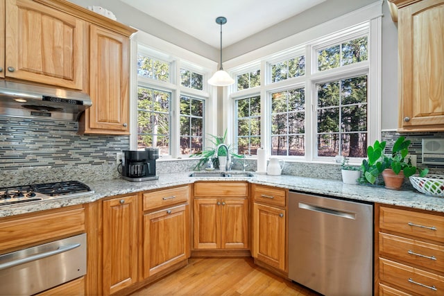 kitchen featuring light stone countertops, sink, light hardwood / wood-style flooring, exhaust hood, and appliances with stainless steel finishes