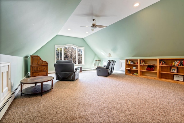 living area with a baseboard heating unit, carpet floors, ceiling fan, and lofted ceiling