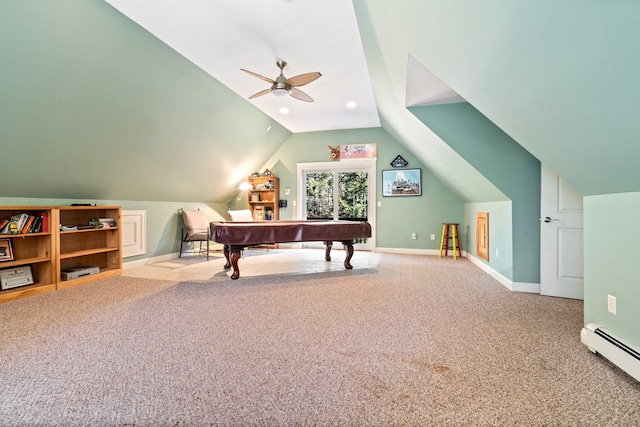 game room with ceiling fan, baseboard heating, lofted ceiling, carpet, and pool table