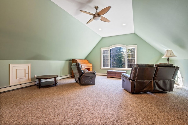 carpeted living room with ceiling fan, a baseboard heating unit, and vaulted ceiling