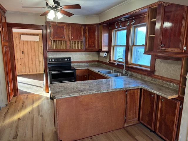 kitchen with light wood-type flooring, stainless steel electric range oven, crown molding, and sink