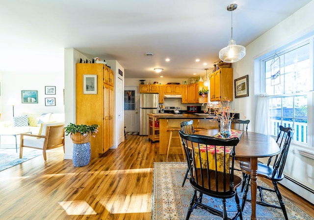 dining area with light wood-type flooring, a baseboard radiator, and sink