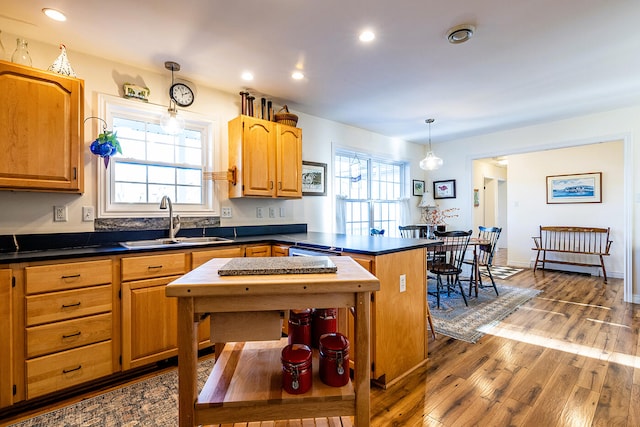 kitchen with a healthy amount of sunlight, sink, pendant lighting, and hardwood / wood-style flooring