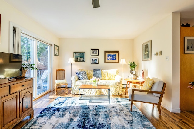 living room featuring wood-type flooring and baseboard heating