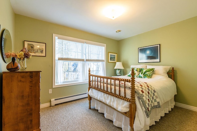 carpeted bedroom with baseboard heating