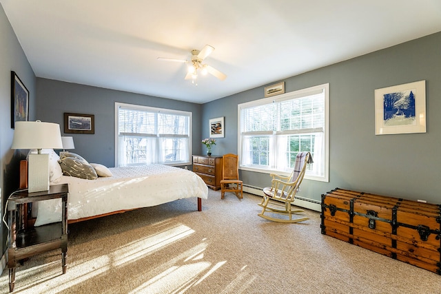 carpeted bedroom featuring ceiling fan and a baseboard radiator