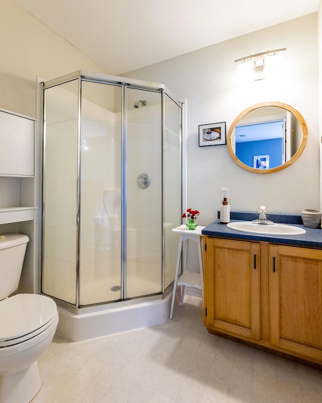 bathroom featuring vanity, a shower with shower door, and toilet