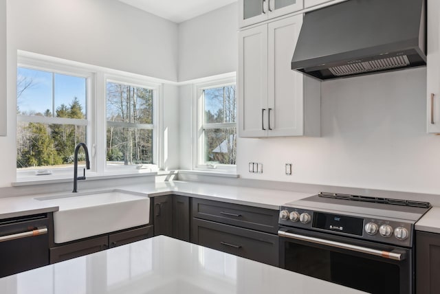 43 Rose Douglas Ln, Brunswick, ME 04011 - kitchen with stainless steel range with electric cooktop, wall chimney range hood, dishwasher, light countertops, and a sink