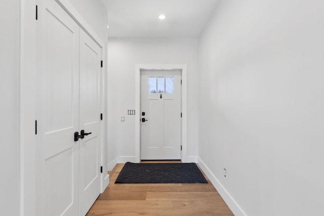 43 Rose Douglas Ln, Brunswick, ME 04011 - doorway with recessed lighting, light wood-type flooring, and baseboards