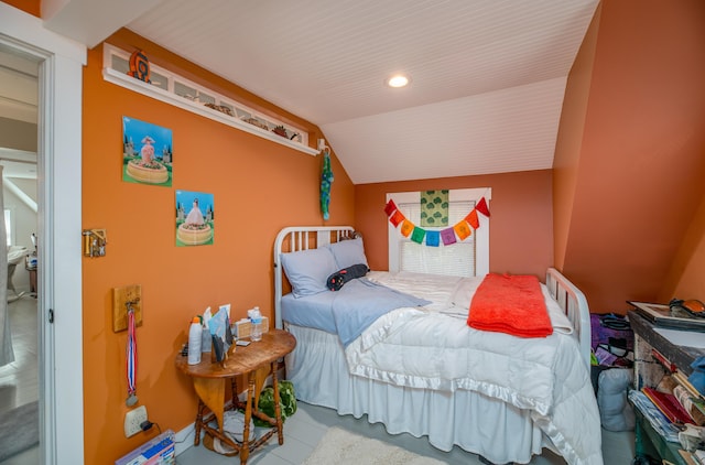 27 Mace Ave, Winthrop, ME 04364 - bedroom with lofted ceiling, recessed lighting, and tile patterned flooring