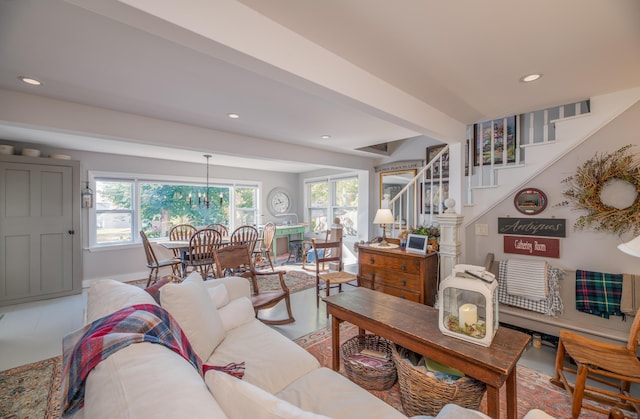 27 Mace Ave, Winthrop, ME 04364 - living area featuring stairway, recessed lighting, and baseboards
