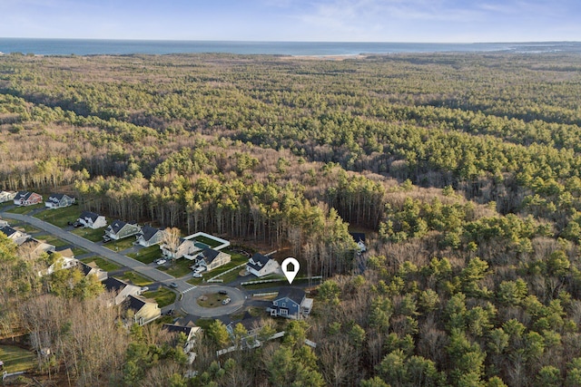 bird's eye view with a wooded view