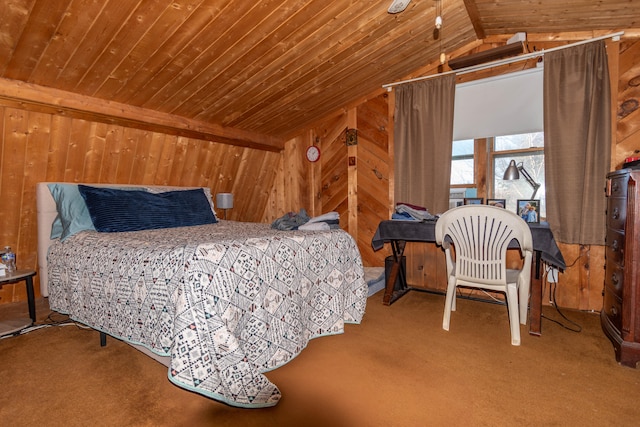 carpeted bedroom with lofted ceiling, wooden walls, and wooden ceiling