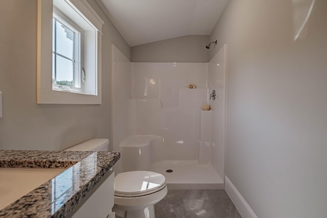 bathroom with a shower, vanity, lofted ceiling, and toilet