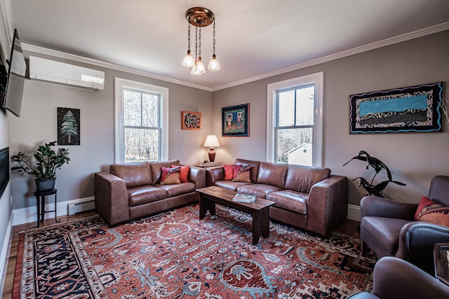 living room with a notable chandelier, plenty of natural light, ornamental molding, and a wall unit AC