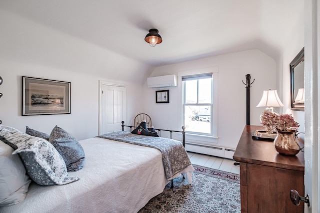 bedroom featuring a baseboard heating unit, lofted ceiling, and a wall mounted AC