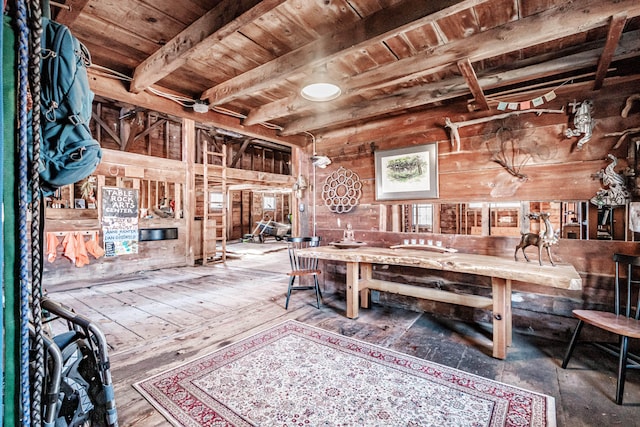 misc room featuring beamed ceiling, hardwood / wood-style floors, wooden walls, and wood ceiling