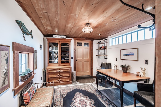 office area with wood ceiling