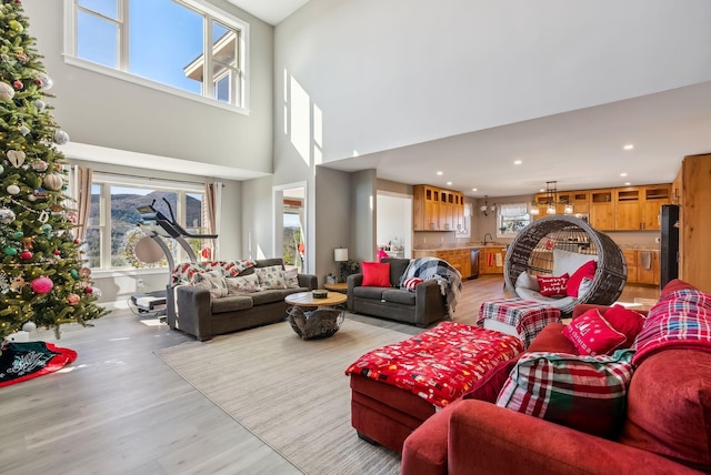 living room featuring light hardwood / wood-style flooring, a towering ceiling, and a notable chandelier