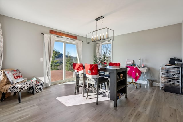 dining room featuring hardwood / wood-style floors and a chandelier