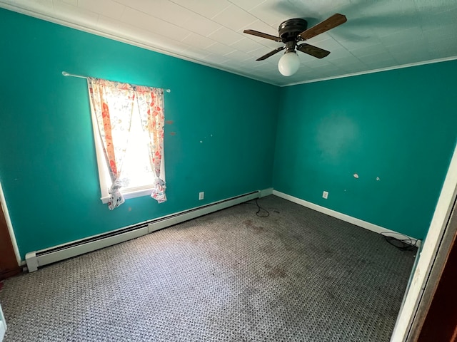 carpeted empty room featuring ceiling fan, a baseboard radiator, and ornamental molding