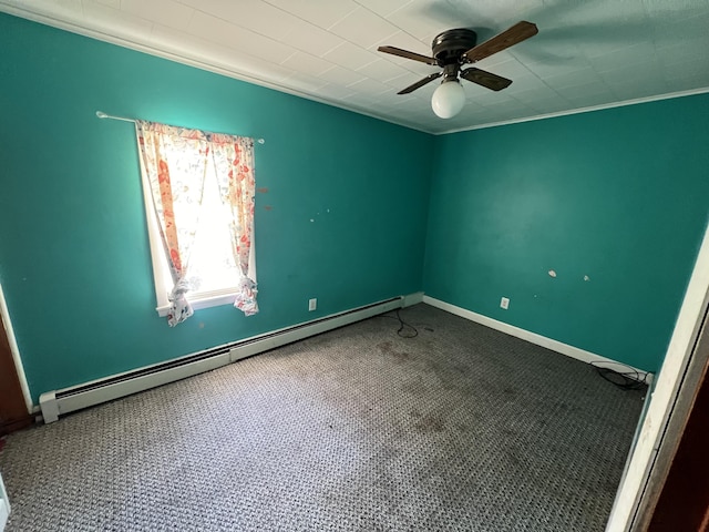 23 Hillcrest Ave, Millinocket, ME 04462 - unfurnished room with baseboard heating, a ceiling fan, carpet, baseboards, and crown molding