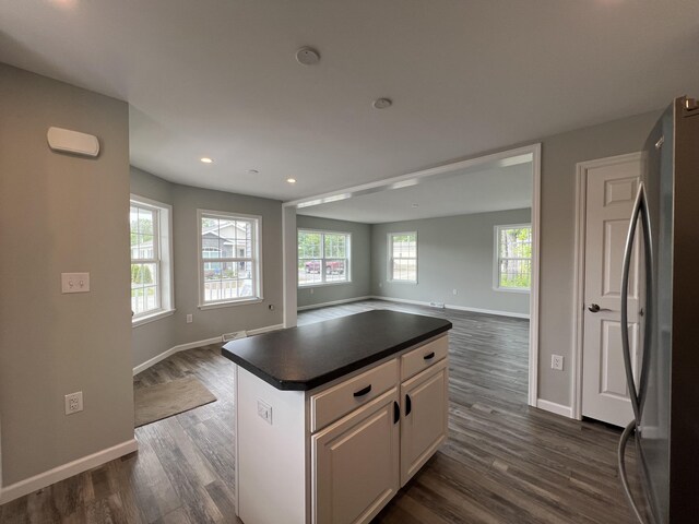 13 Mathew Way, Scarborough, ME 04074 - kitchen with freestanding refrigerator, open floor plan, dark countertops, dark wood-style floors, and recessed lighting
