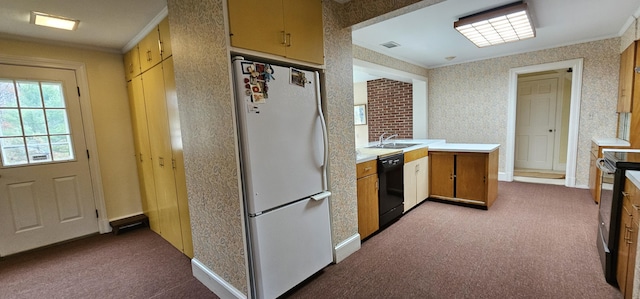 kitchen featuring black appliances, dark colored carpet, sink, ornamental molding, and kitchen peninsula