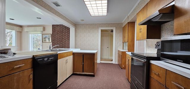 kitchen with stainless steel electric range, ventilation hood, sink, black dishwasher, and kitchen peninsula