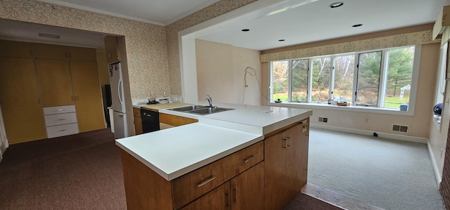 kitchen featuring sink, black dishwasher, dark colored carpet, crown molding, and white fridge