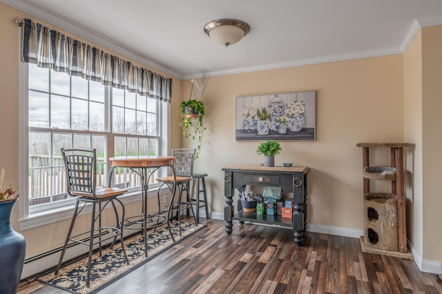 living area featuring crown molding, plenty of natural light, and dark wood-type flooring