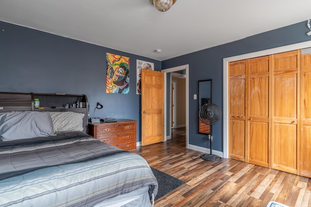 bedroom with wood-type flooring and a closet