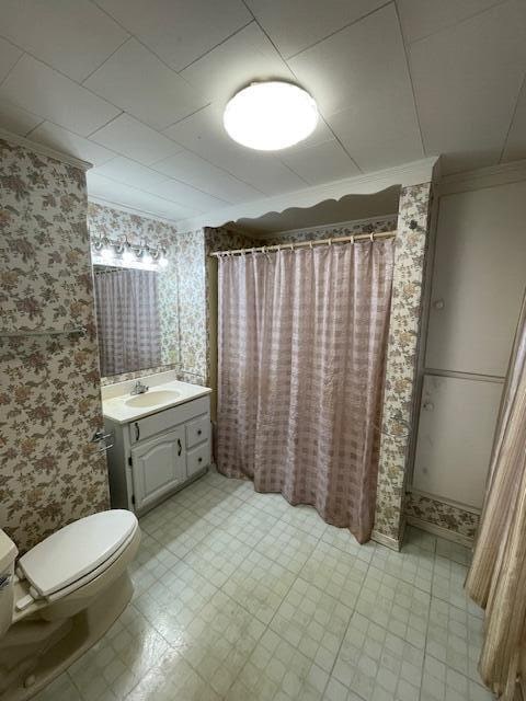 bathroom with vanity, toilet, crown molding, and walk in shower