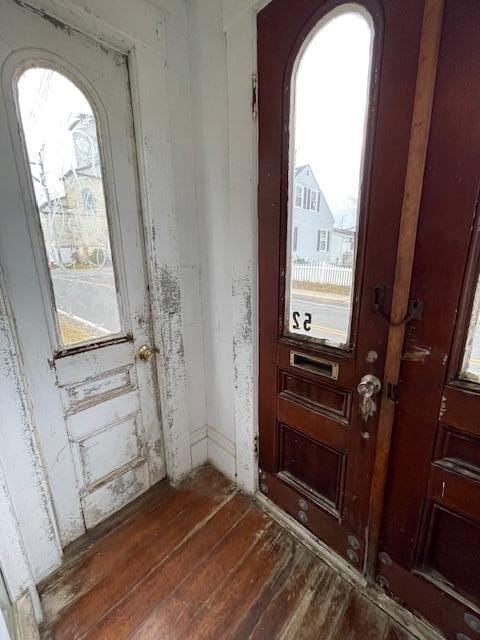 doorway to outside featuring dark wood-type flooring