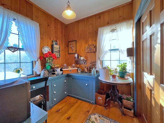 office area with wood walls and hardwood / wood-style flooring