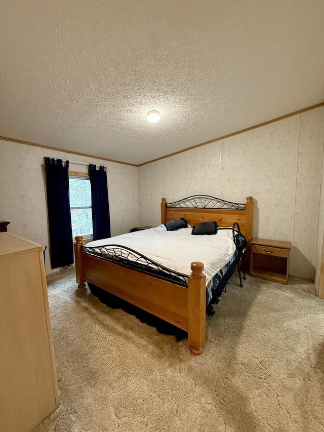 526 Darling Rd, Hudson, ME 04449 - bedroom with crown molding, light colored carpet, and a textured ceiling