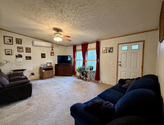 526 Darling Rd, Hudson, ME 04449 - carpeted living area featuring a wall mounted AC, ornamental molding, a ceiling fan, and a textured ceiling