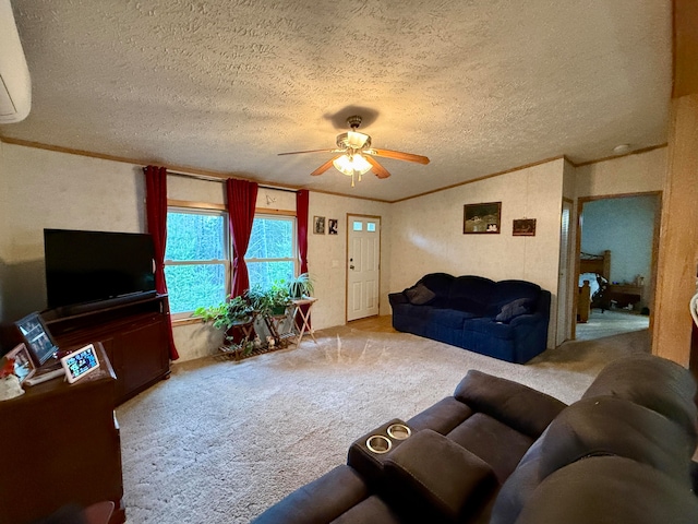 carpeted living room with a textured ceiling, an AC wall unit, and ceiling fan