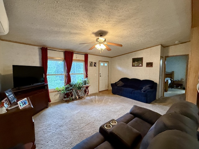 526 Darling Rd, Hudson, ME 04449 - living room featuring ceiling fan, a textured ceiling, carpet, crown molding, and a wall mounted air conditioner